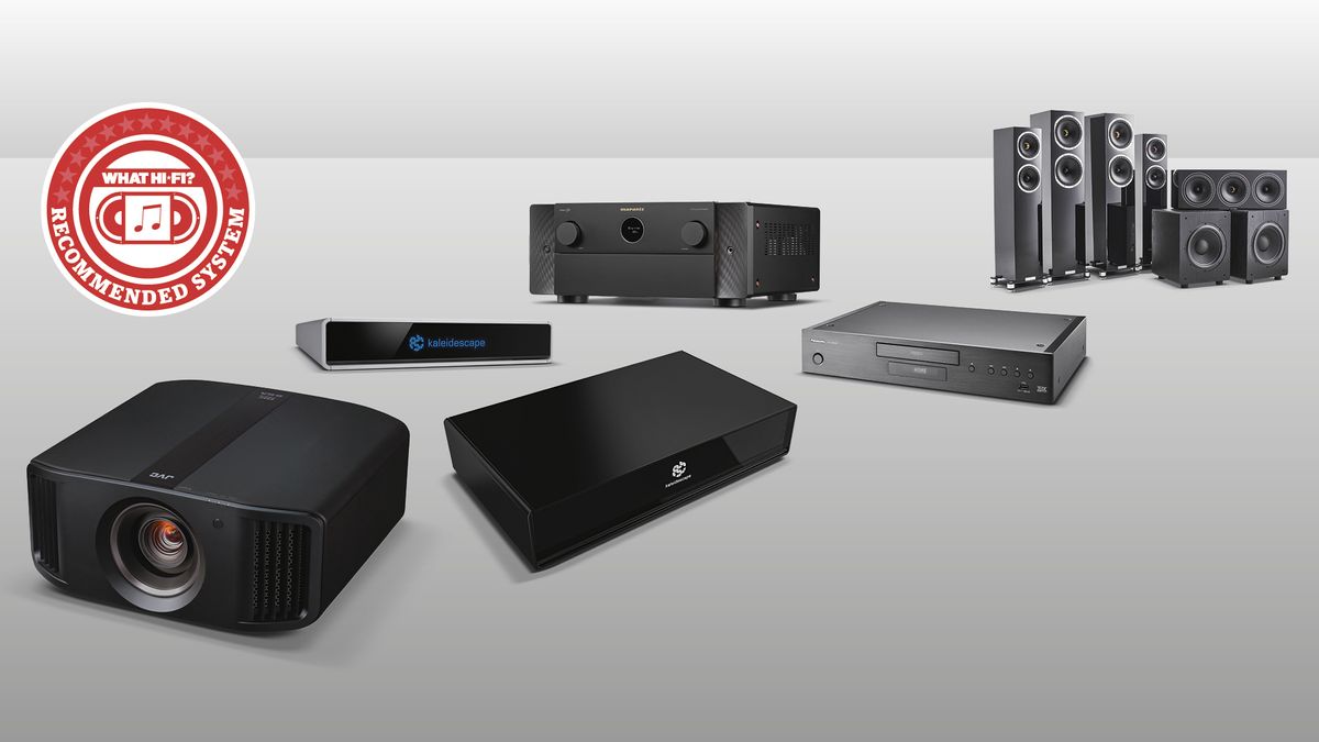 High-end home cinema system composite image on grey background