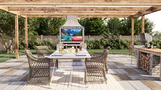 outdoor TV on a covered patio with dining table