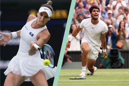 A collage of Wimbledon winners Marketa Vondrousova (left) and Calos Alcaraz (right) playing in the finals