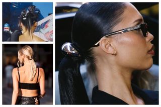 a collage of women wearing the pony cuff trend