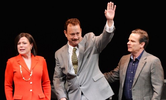 Tom Hanks and fellow actors attend curtain call for the &amp;quot;Lucky GUy&amp;quot; Broadway opening night on April 1.