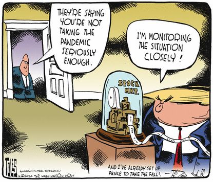 Political Cartoon U.S. Trump Pence HHS Coronavirus stock market down