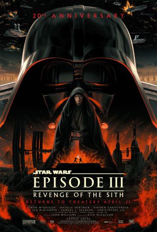 Poster for Star Wars Revenge of the Sith featuring Darth Vader, Anakin Skywalker, and a lightsaber duel between the Anakin Skywalker and Obi Wan Kenobi.