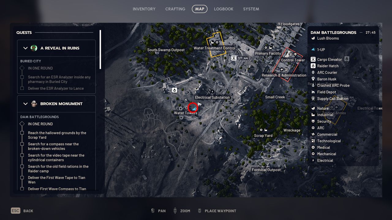 Arc Raiders The League: A map with a red circle highlighting the location of the goal posts at Dam Battleground's Water Towers area.