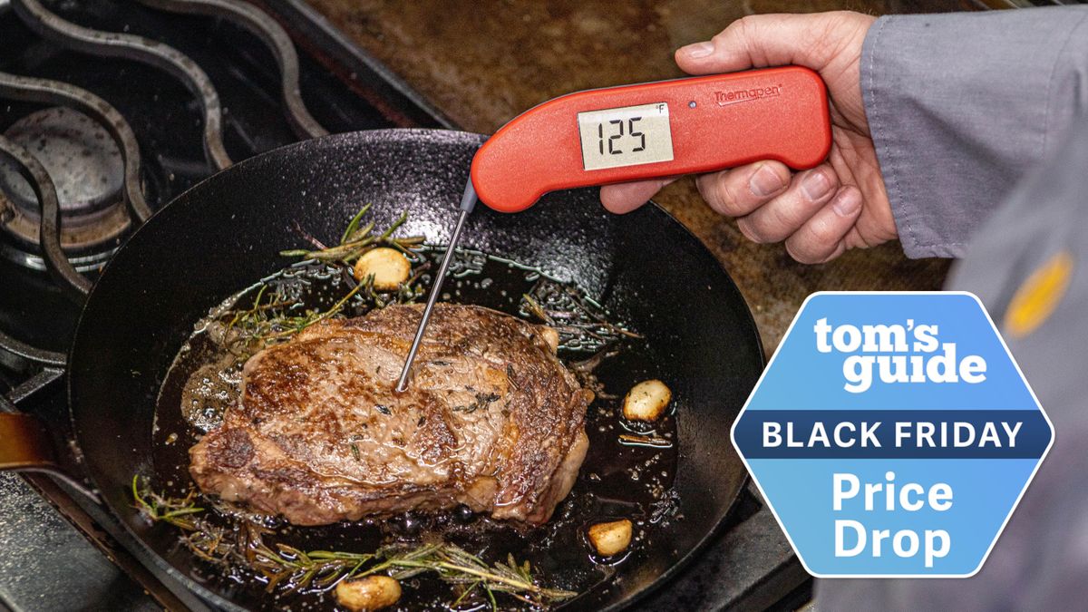 A meat thermometer being used with a Tom&#039;s Guide deal badge added