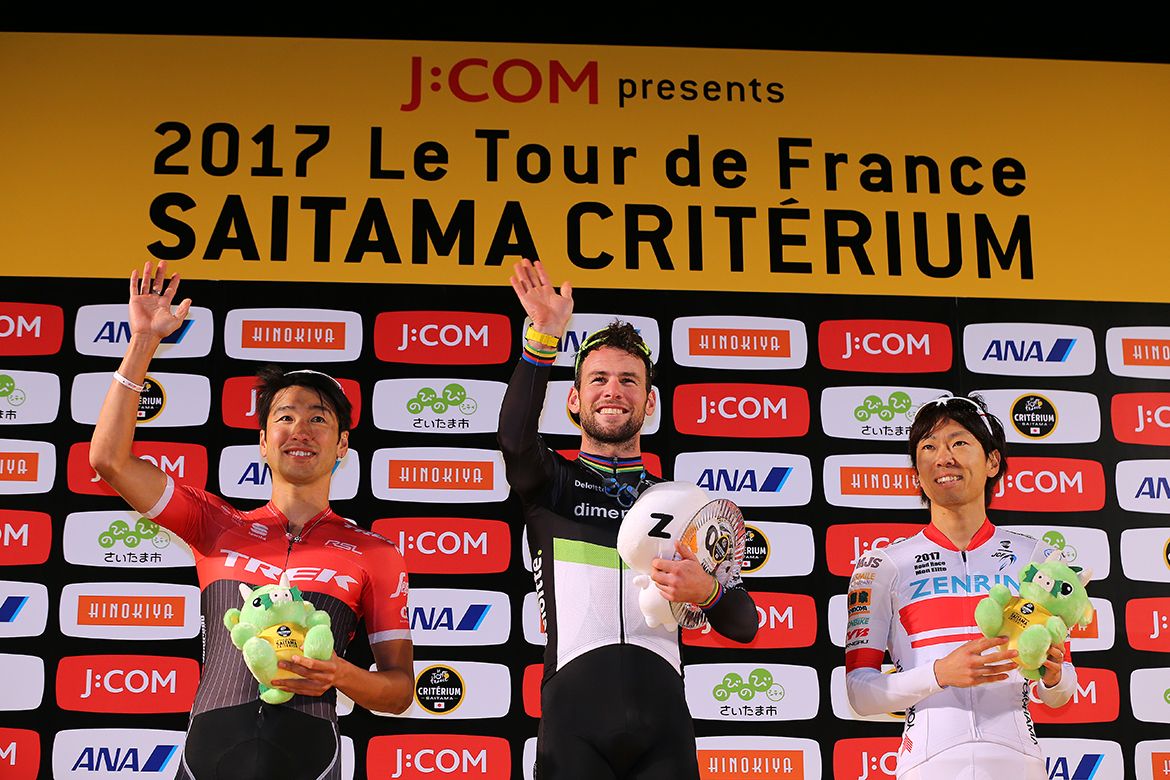 Mark Cavendish beat Fumiyuku Beppu and Yusuke Hatanaka to win the Saitama Criterium.