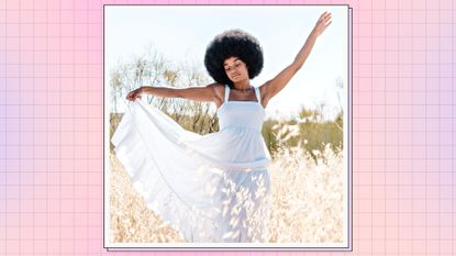 A woman pictured wearing a white, flowy maxi cottagecore-esque dress whilst in a field of wheat / in a pink, cream and purple template