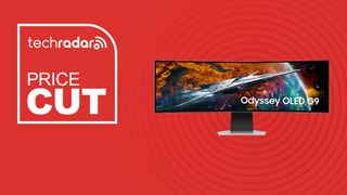 Samsung Odyssey OLED G9 curved gaming monitor on red orange background with price cut sign