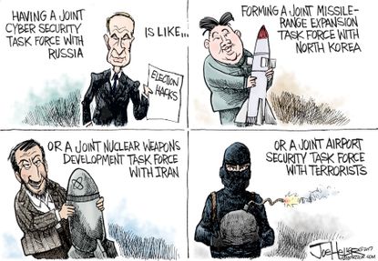 Political cartoon G20 summit Trump Russian hacks cybersecurity deal North Korea nuclear terrorists