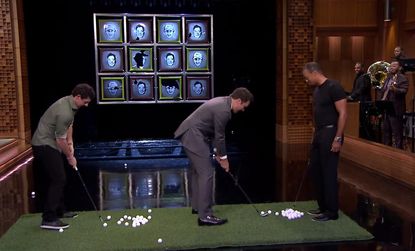 Tiger Woods caddies as Jimmy Fallon tees off against Rory McIlroy in a bizarre game of 'Facebreakers'