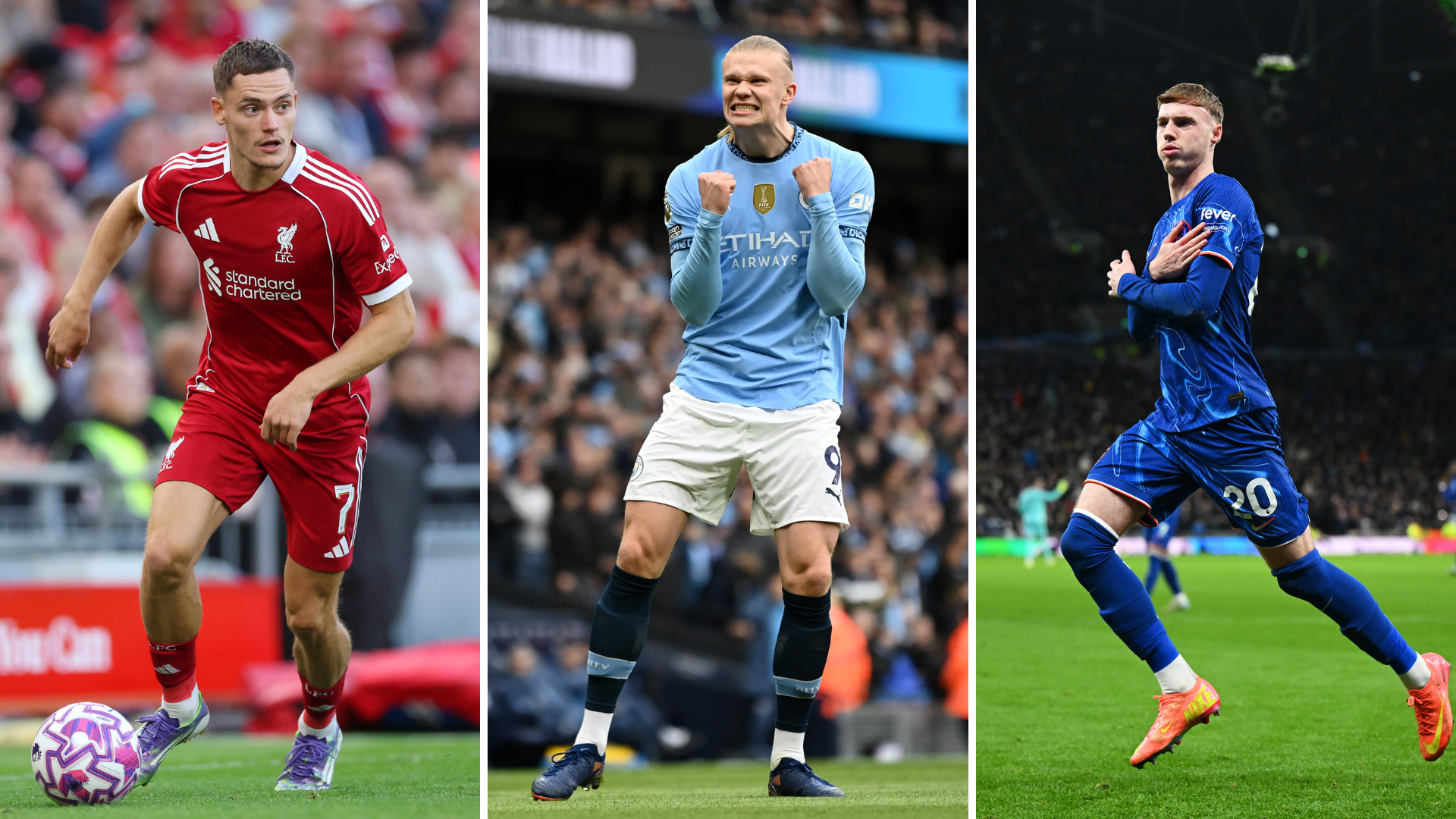 Florian Wirtz, Erling Haaland and Cole Palmer in a three-way image for the 2025-26 Premier League