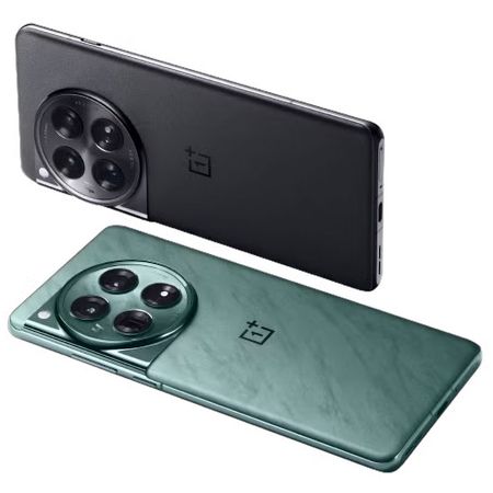 OnePlus 12 in black and emerald green on white background