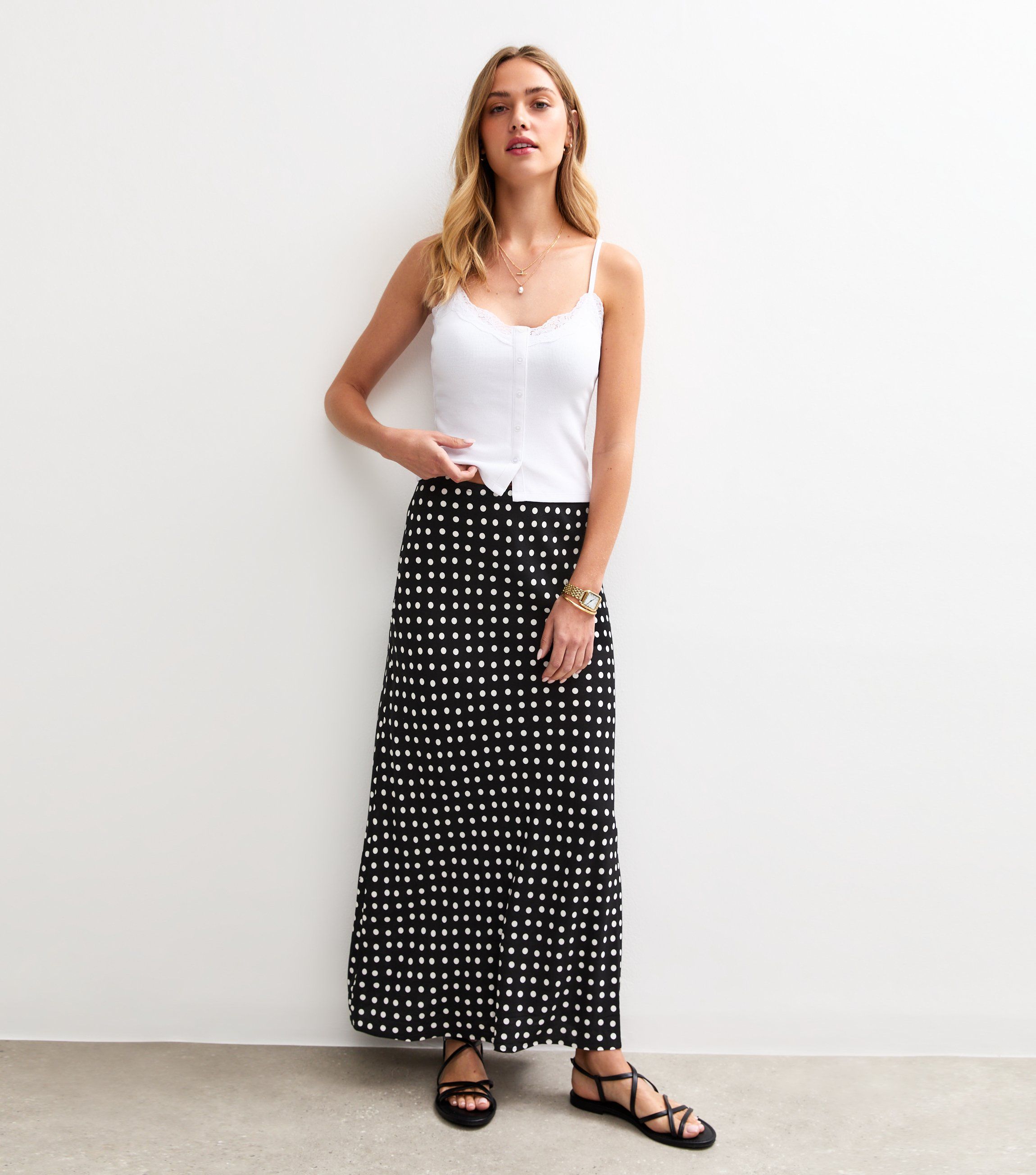 Black Spot Print Bias Cut Midi Skirt
