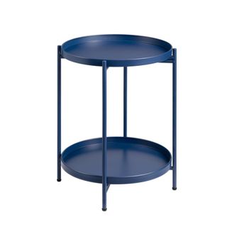 A dark blue circular two-tier side table