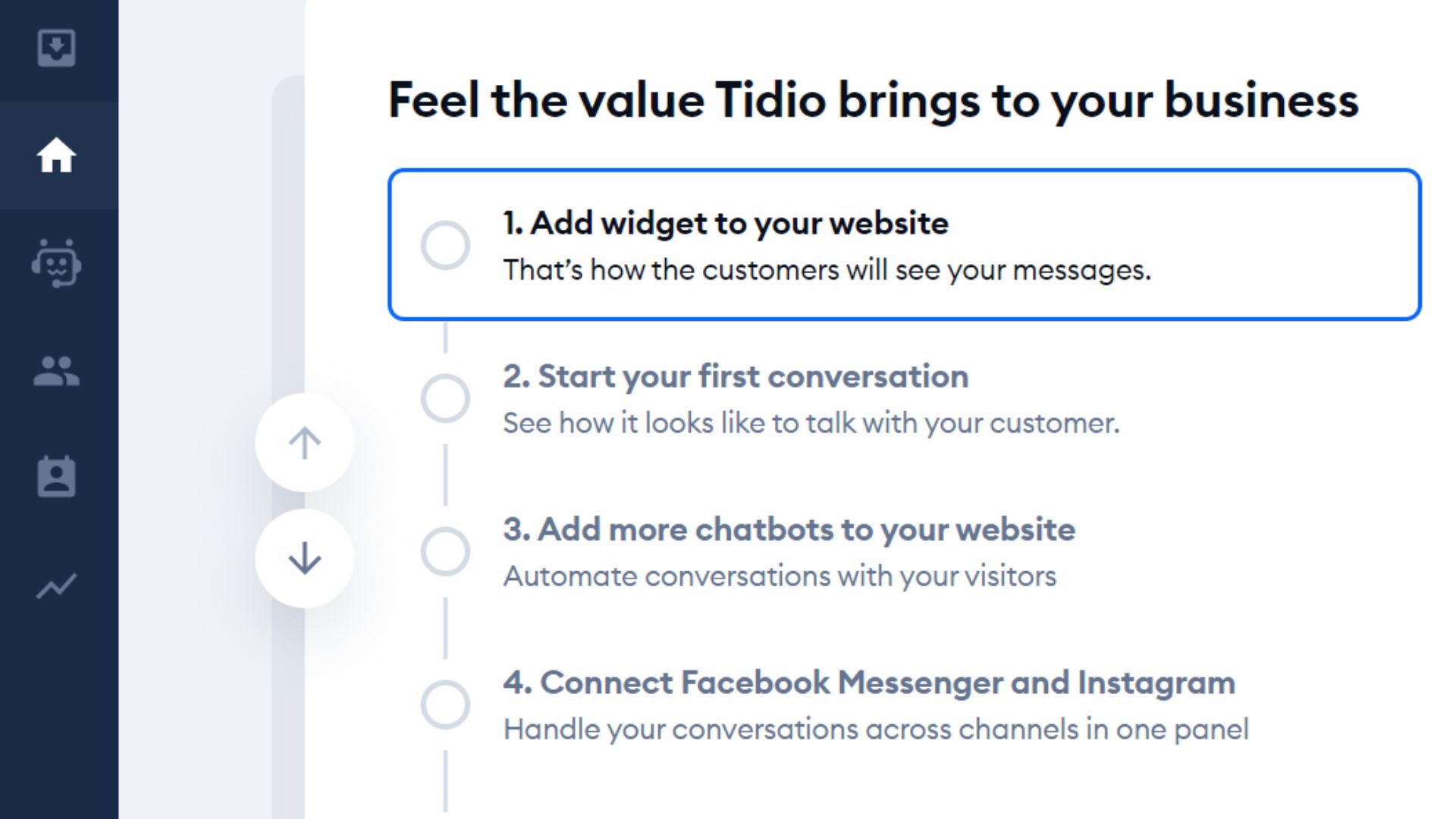Screenshot of Tidio dashboard containing next steps to complete your account