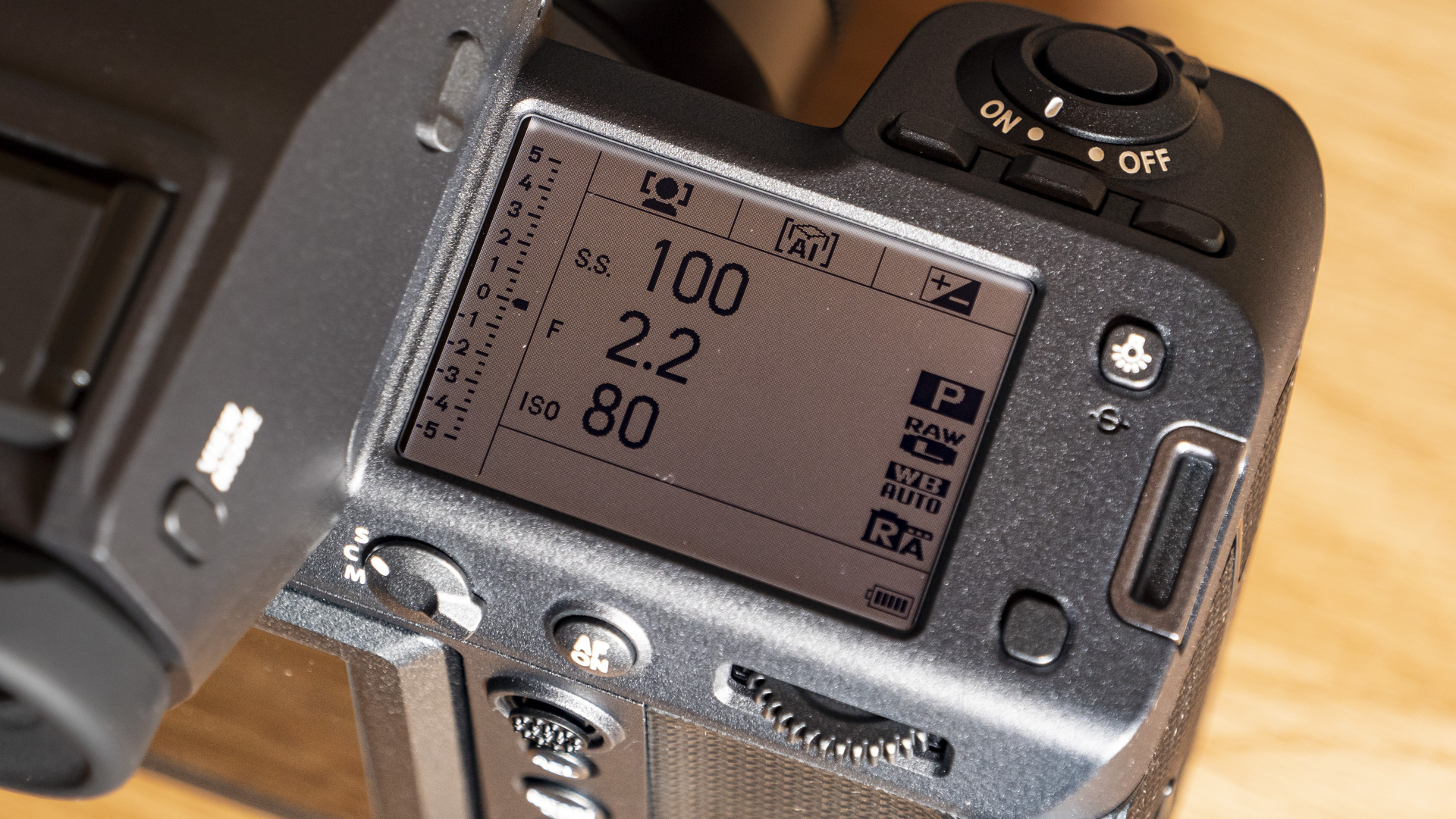 Closeup of top LCD of Fujifilm GFX100 II