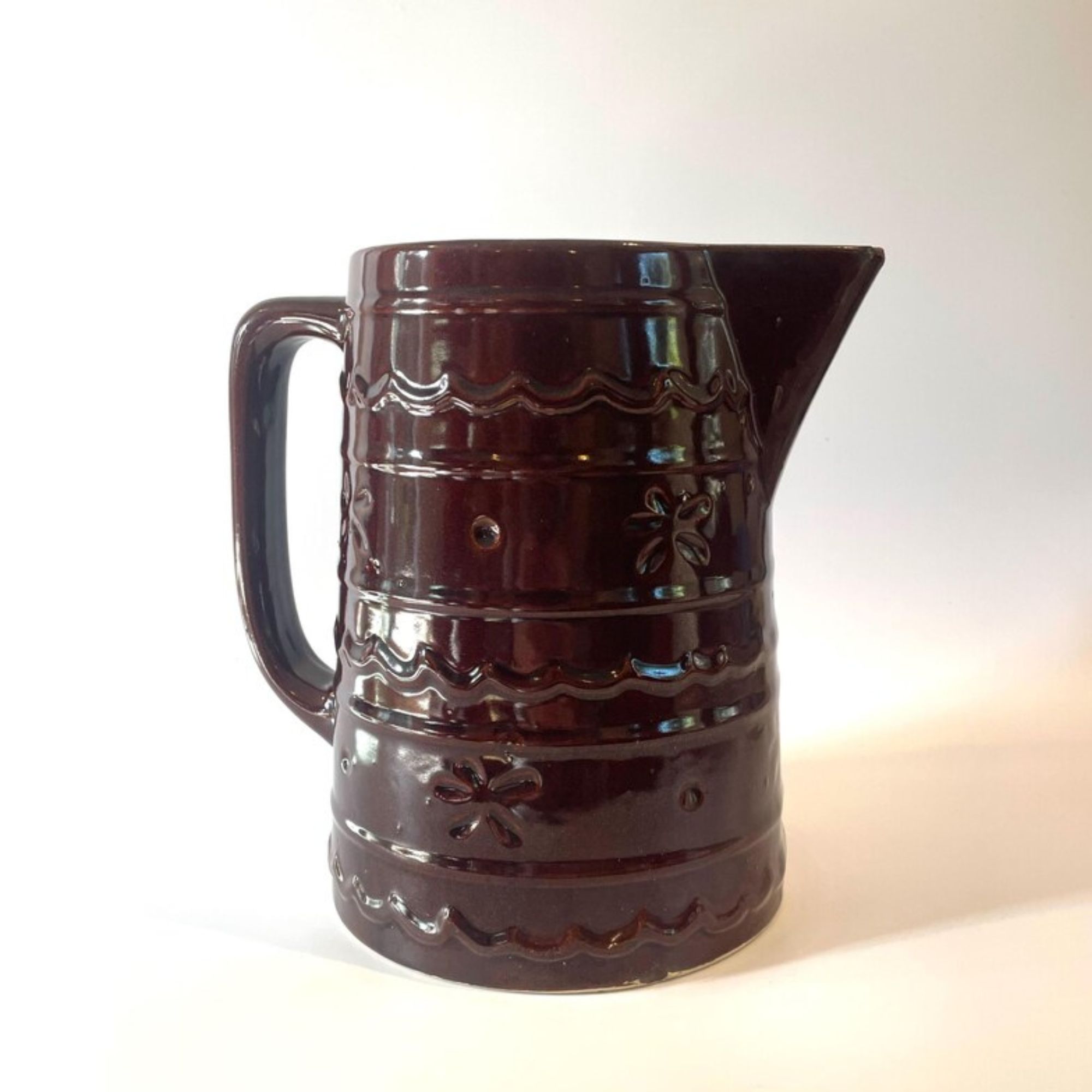 Antique Large Marcrest Oven Proof Stoneware Pitcher in Brown Drip Glaze with Daisy &amp;amp; Dot pattern