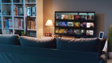 A streaming service menu out of focus in a living room at night 