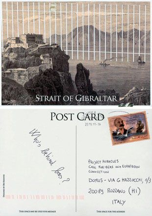 A postcard representing the Straight of Gibraltar. A city on a hill facing an sea with a large white fence built across it.