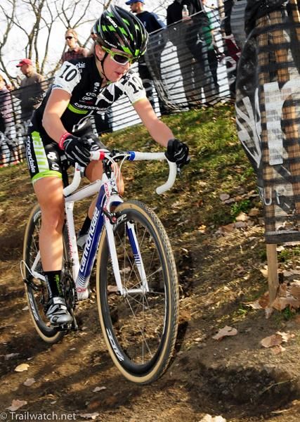 Kaitlin Antonneau (Cannondale-Cyclocrossworld.com) riding a tricky off-camber section