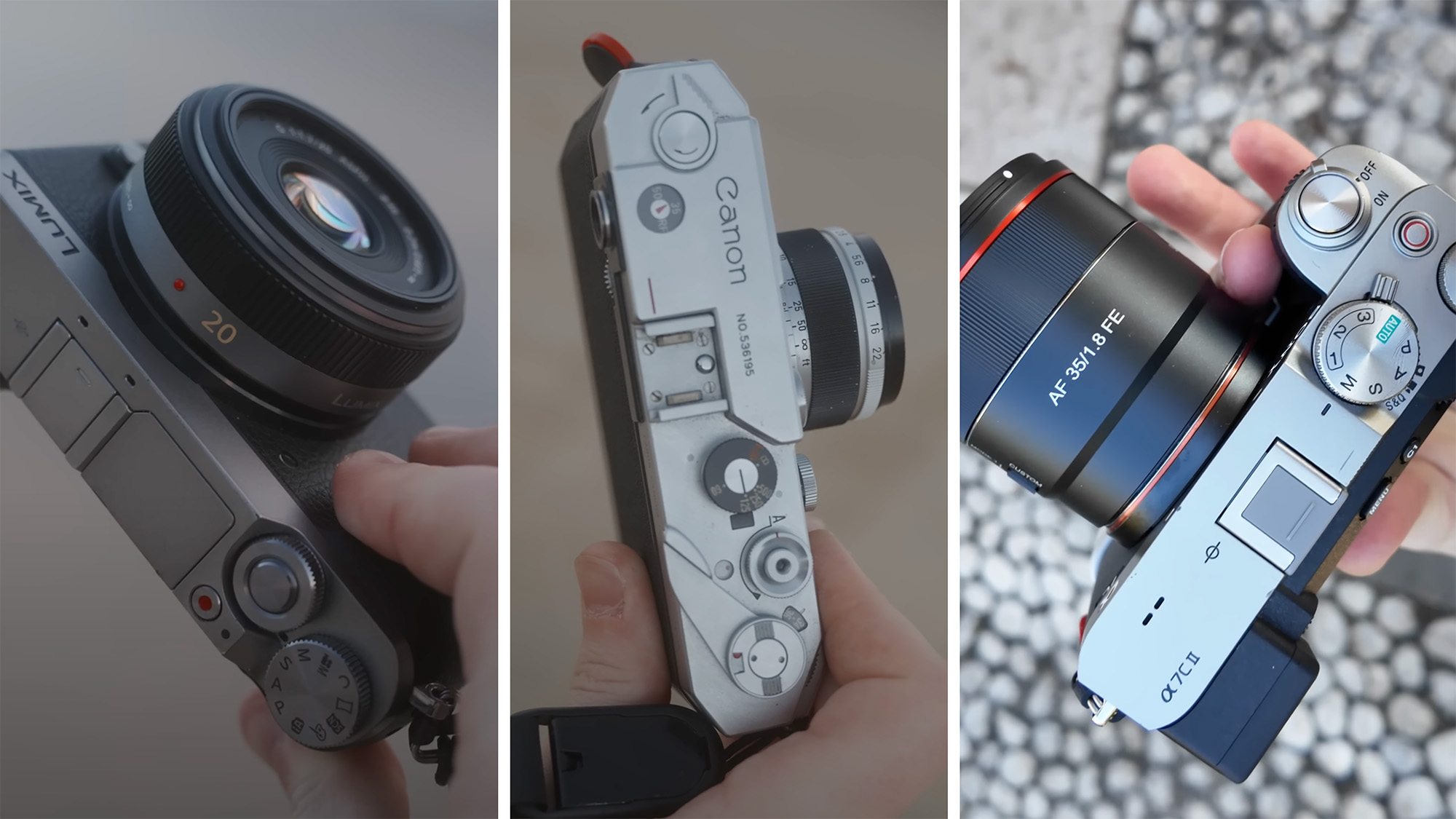 Three screenshots from a George Holden YouTube video, showing him handling three different cameras, the Panasonic Lumix GX80, Canon L3 and Sony A7C II