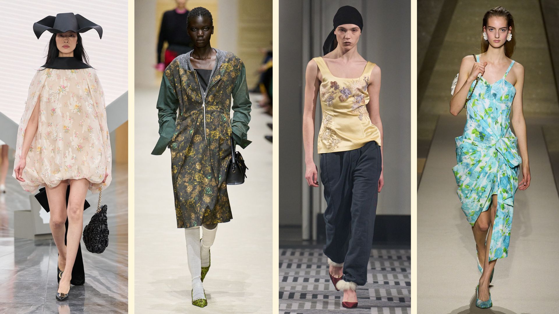 An image of the biggest floral fashion trends for spring 2026, as seen on the spring/summer 2026 runway from Dior, Prada, Conner Ives and Chlo&eacute;.