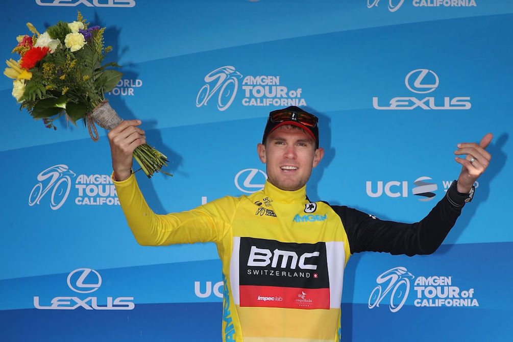 Tejay van Garderen (BMC) enjoys his time on the podium as the news leader after stage 4 of the 2018 Tour of California