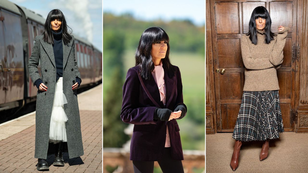 Three images of Claudia Winkleman hosting The Traitors 