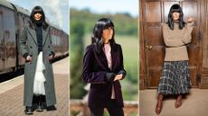 Three images of Claudia Winkleman hosting The Traitors 