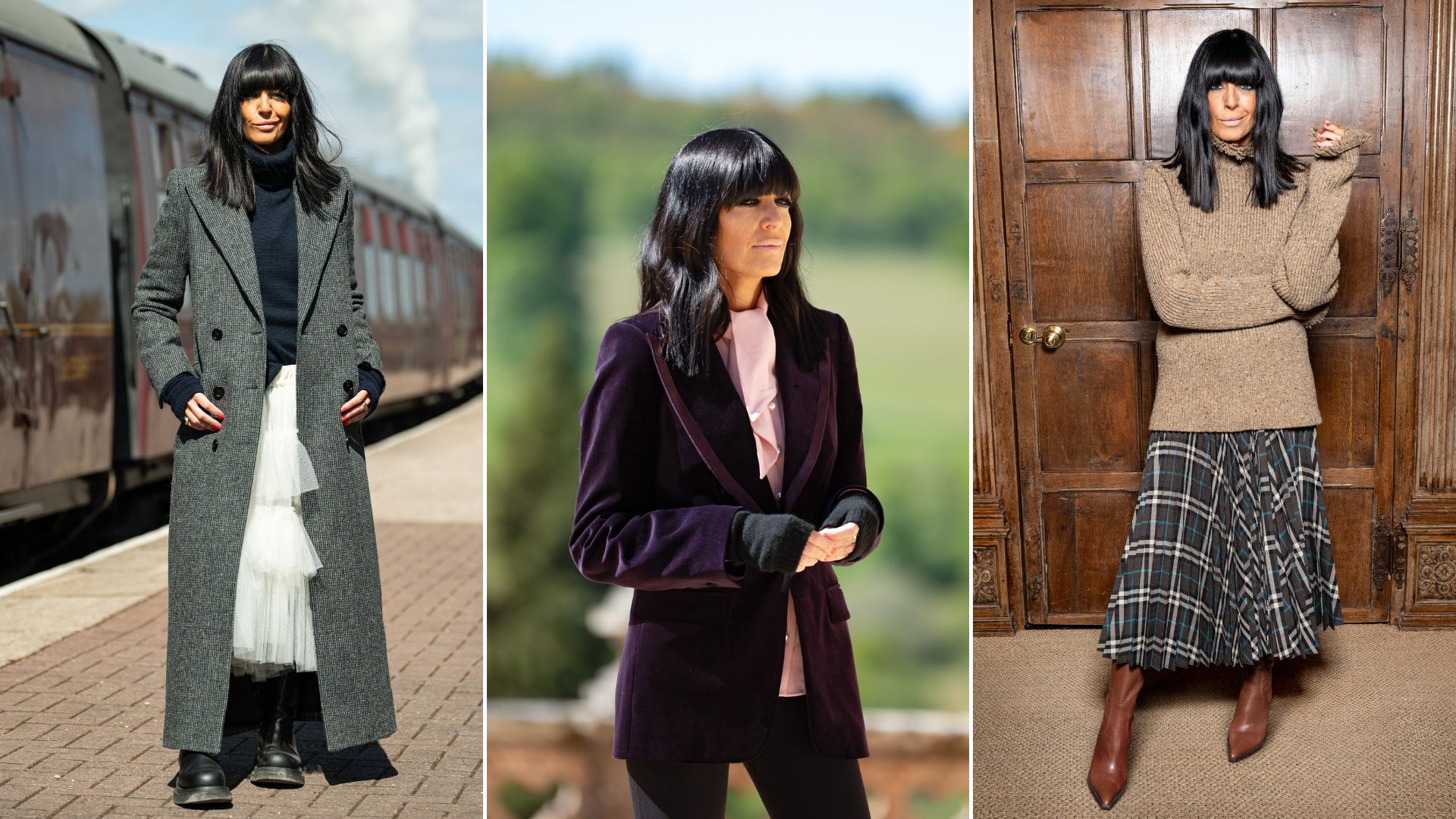 Three images of Claudia Winkleman hosting The Traitors 