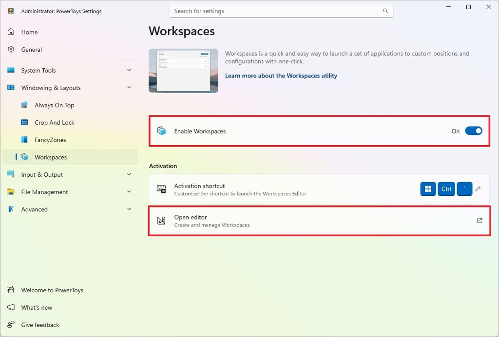 Enable Workspaces in PowerToys