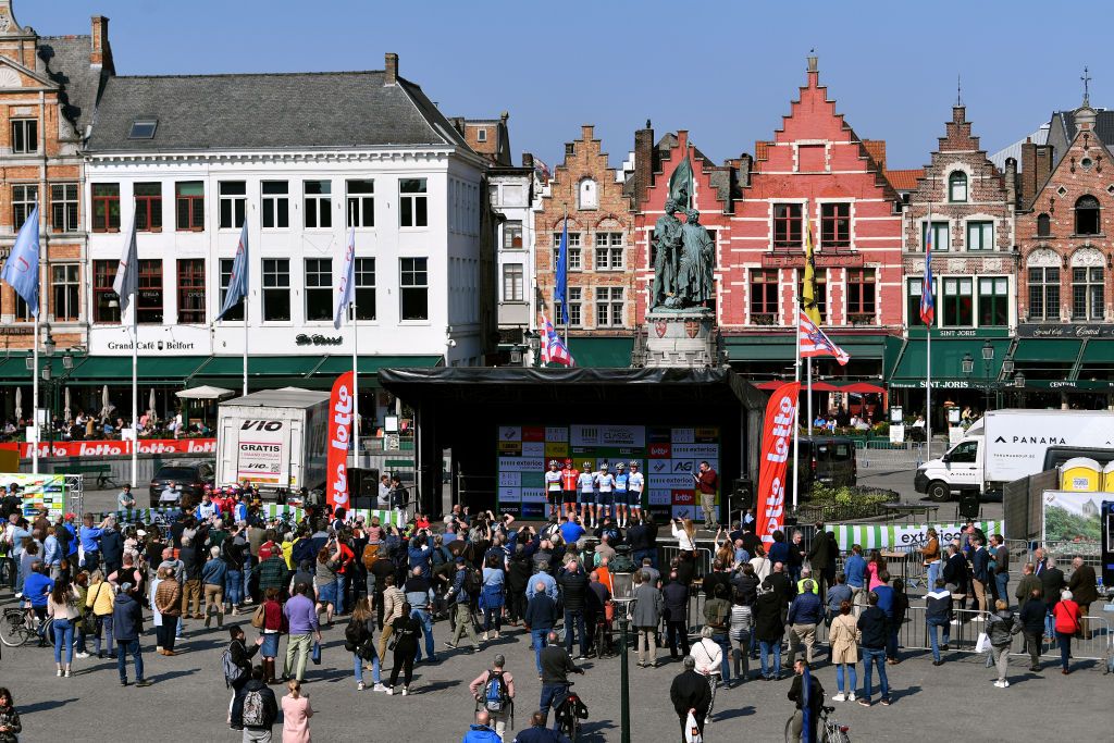 DE PANNE BELGIUM MARCH 24 Elisa Balsamo of Italy Shirin Van Anrooij of Netherlands Amalie Dideriksen of Denmark Lauretta Hanson of Australia Chloe Hosking of Australia Letizia Paternoster of Italy and Team Trek Segafredo during the team presentation prior to the 5th Exterioo Womens Classic BruggeDe Panne 2022 a 1628km one day race from Brugge to De Panne Exteriooclassic UCIWWT on March 24 2022 in De Panne Belgium Photo by Luc ClaessenGetty Images