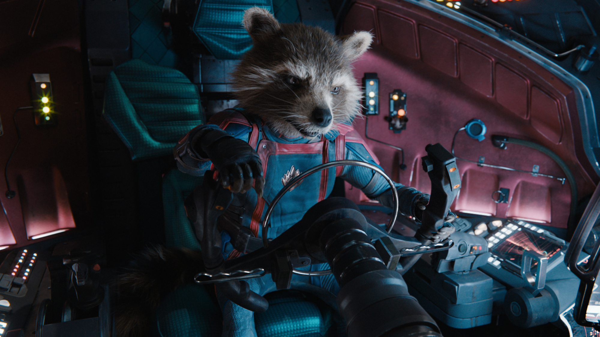 Rocket Raccoon pilots a ship in Guardians of the Galaxy Vol. 3.