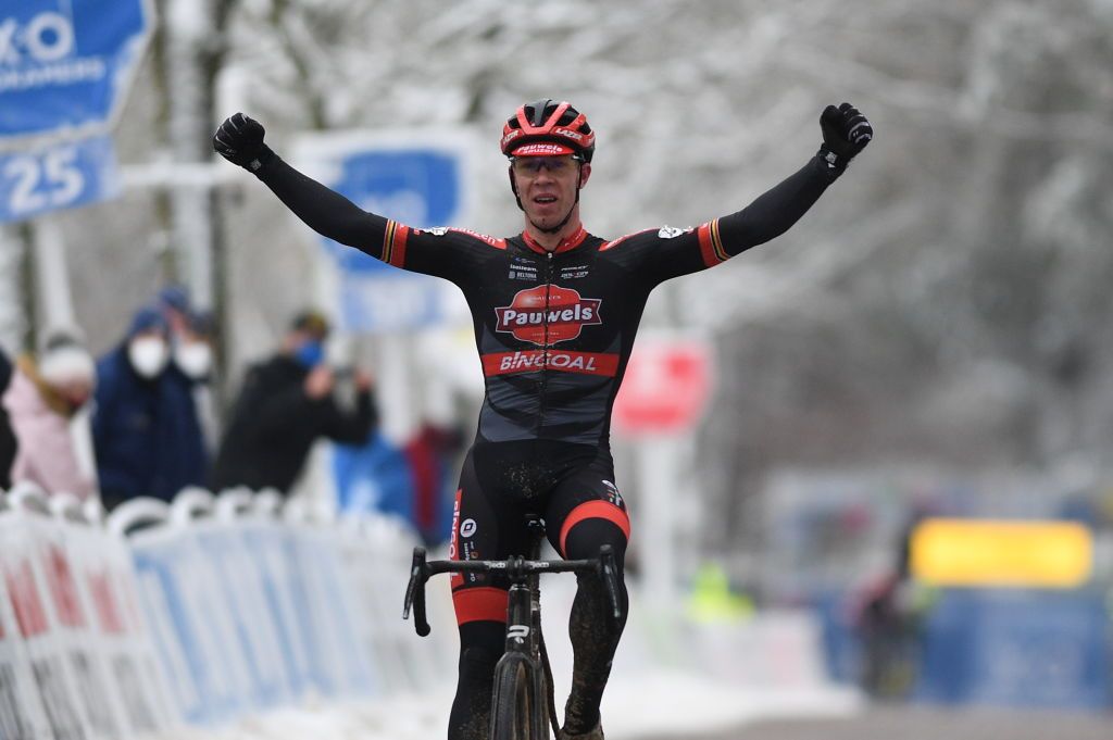 Belgian Laurens Sweeck celebrates as he crosses the finish line of the mens elite race of the Krawatencross cyclocross in Lille the seventh stage out of 8 in the X2O Trofee Veldrijden competition Sunday 07 February 2021BELGA PHOTO DAVID STOCKMAN Photo by DAVID STOCKMANBELGA MAGAFP via Getty Images