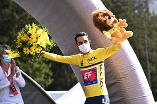 MEGEVE FRANCE AUGUST 16 Podium Daniel Felipe Martinez Poveda of Colombia and Team EF Education First Yellow Leader Jersey Celebration during the 72nd Criterium du Dauphine 2020 Stage 5 a 1535km stage from Megeve to Megeve 1458m dauphine Dauphin on August 16 2020 in Megeve France Photo by AnneChristine PoujoulatPool via Getty Images