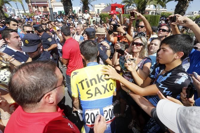Alberto Contador (Tinkoff - Saxo) makes his way through the crowd at the start of stage 4