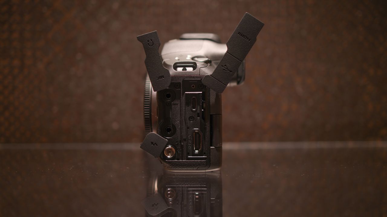 Canon EOS R5 Mark II against a dark background