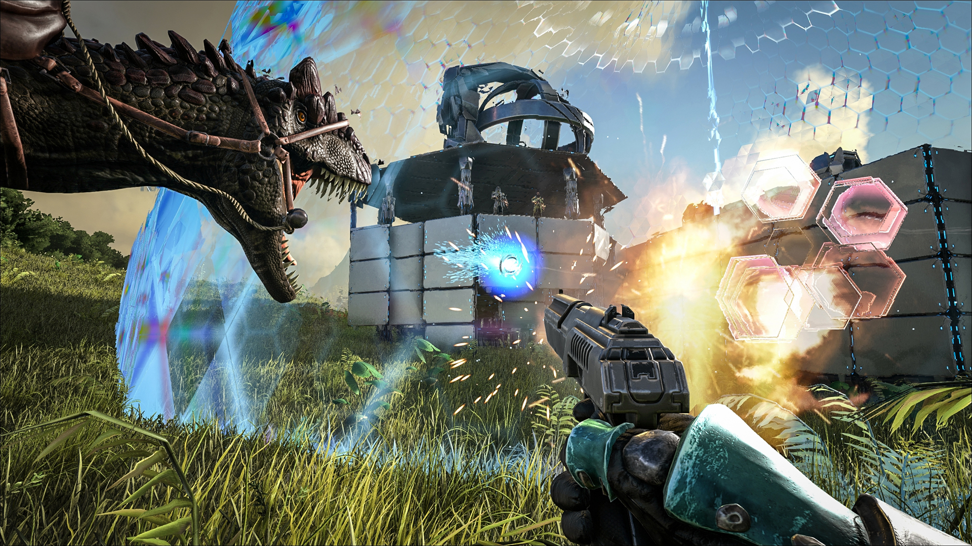 A player and a dinosaur attack a shielded base