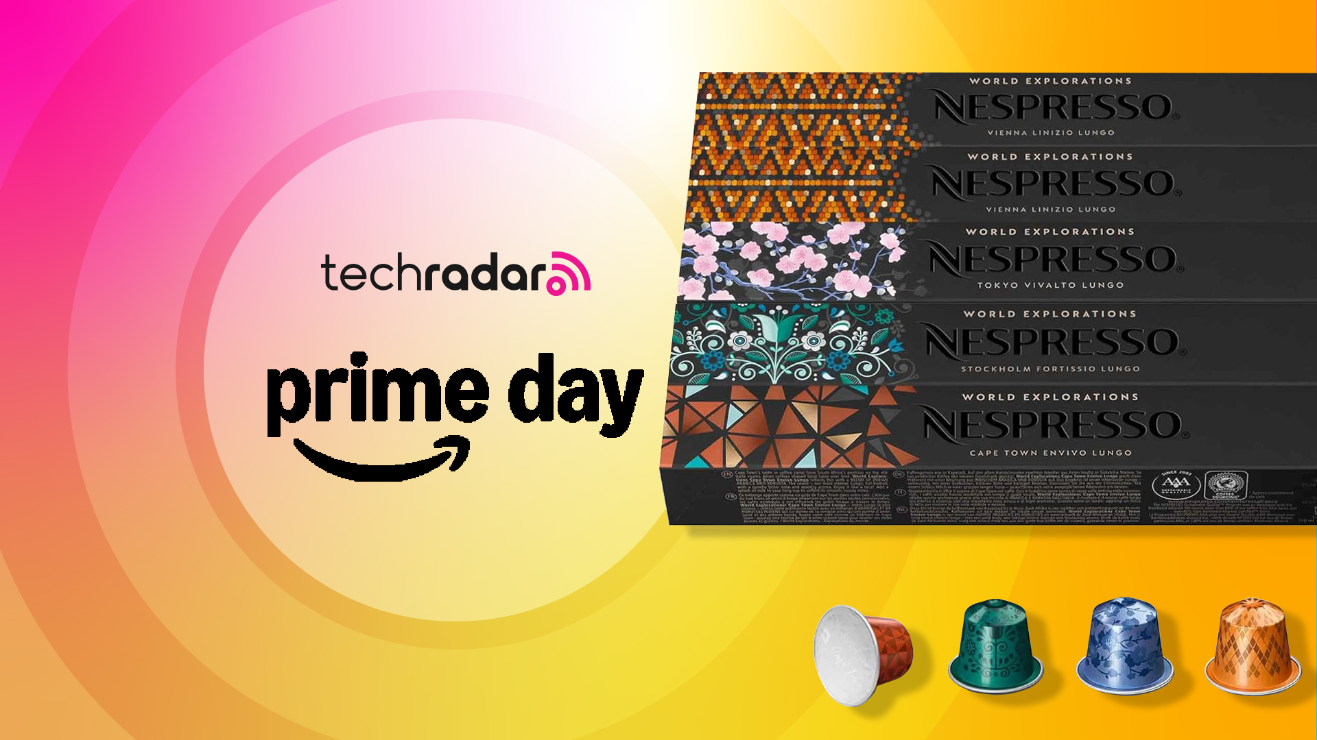 Prime day graphic and Nespresso pods 