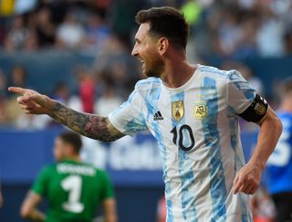 Lionel Messi celebrates one of his five goals for Argentina against Estonia in June 2022.