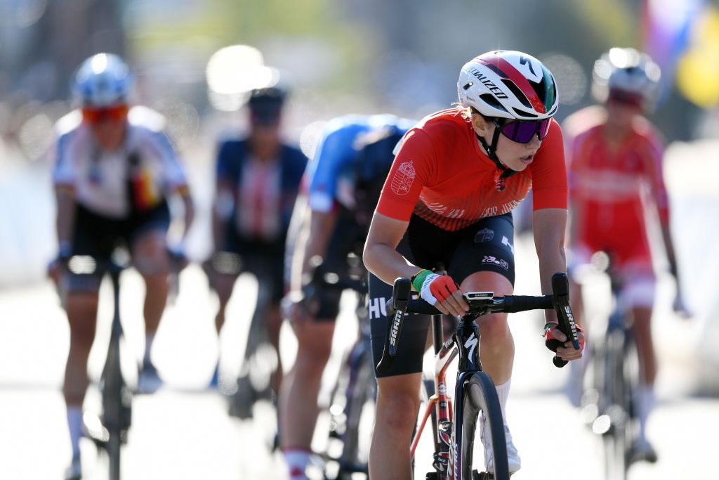 LEUVEN BELGIUM SEPTEMBER 25 Kata Blanka Vas of Hungary crosses the finishing line during the 94th UCI Road World Championships 2021 Women Elite Road Race a 1577km race from Antwerp to Leuven flanders2021 on September 25 2021 in Leuven Belgium Photo by Tim de WaeleGetty Images