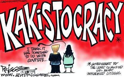 Political cartoon U.S. kakistocracy covfefe Trump White House