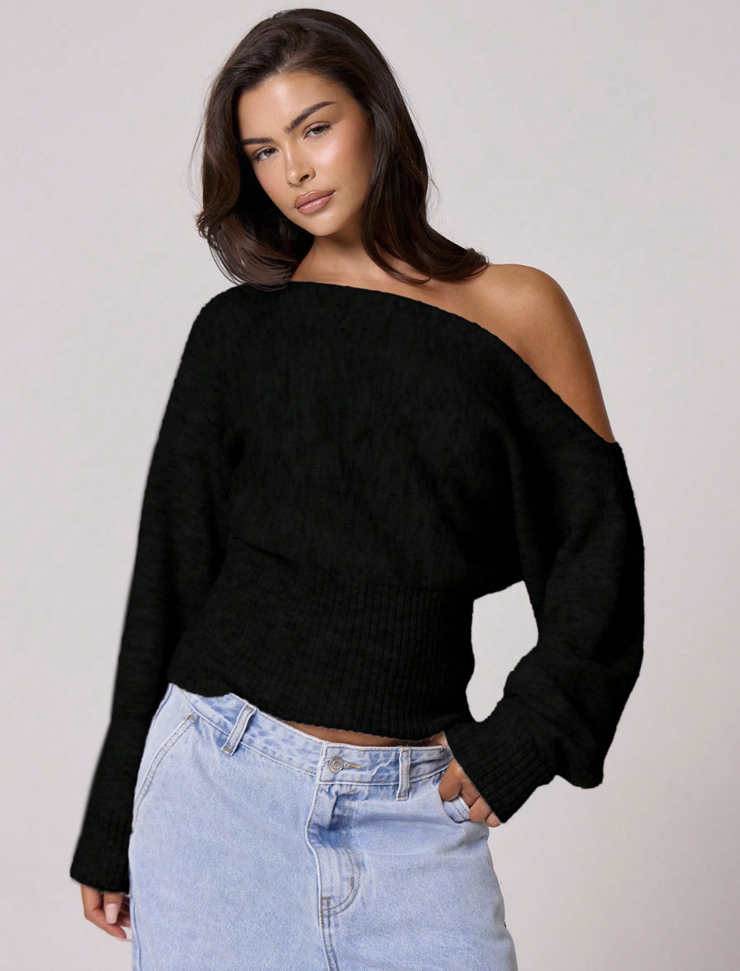Musera, Fluffy Knit Asymmetrical Shoulder Top in Black