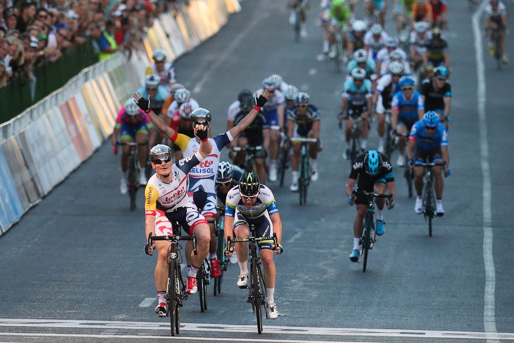 Lotto-Belisol's Andre Greipel crosses the line after outsprinting Matthew Goss (GreenEdge) in the People's Choice Classic prior to the 2013 Tour Down Under