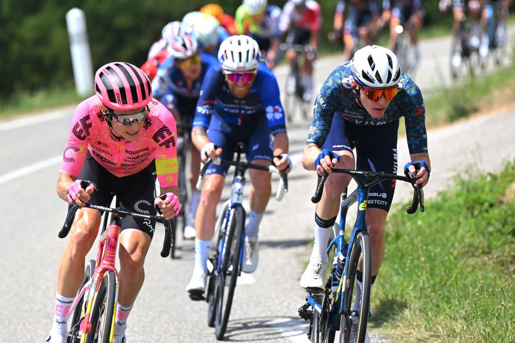 SUPERDEVOLUY LE DEVOLUY FRANCE JULY 17 LR Neilson Powless of of The United States and Team EF Education EasyPost and Matteo Jorgenson of The United States and Team Visma Lease a Bike attack during the 111th Tour de France 2024 Stage 17 a 1778km stage from SaintPaulTroisChateaux to Superdevoluy 1500m UCIWT on July 17 2024 in Superdevoluy Le Devoluy France Photo by Tim de WaeleGetty Images