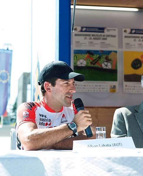 Alban Lakata (Austria) speaks to the press before the marathon worlds.