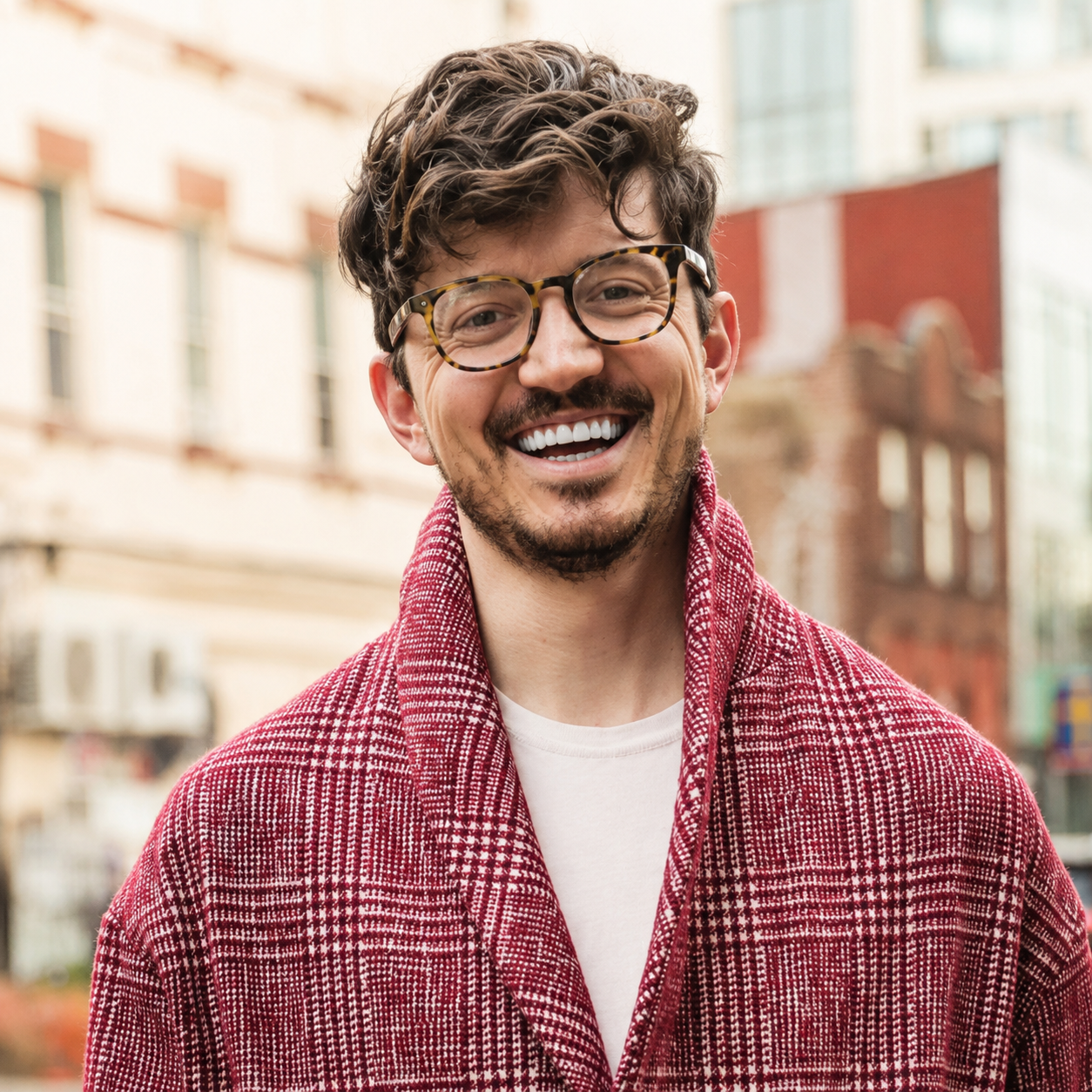 a white man with a beard and brown hair and glasses in a red and white coat