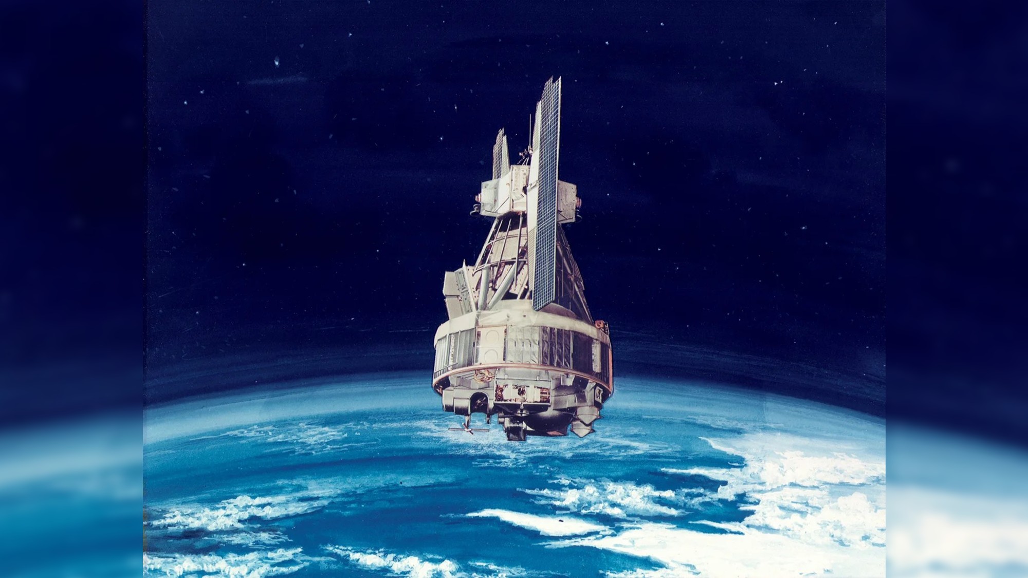 an illustration of a hexagonal satellite with two wing-like solar panels in orbit above earth