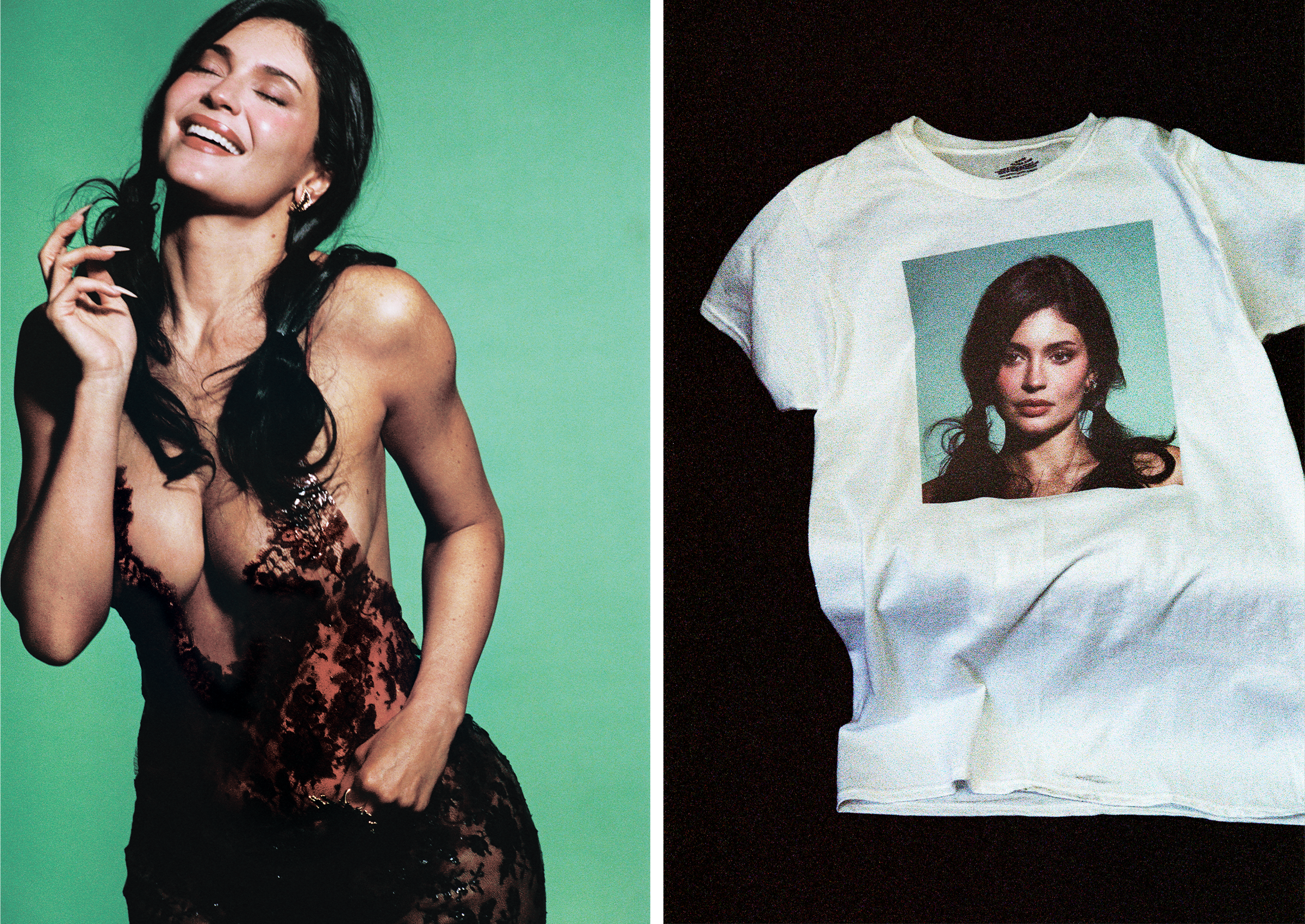 Left: Kylie Jenner laughs standing in front of a green background wearing a low cut Saint Laurent lace top and skirt and skirt. Right: A white t-shirt with Kylie Jenner's face on it.
