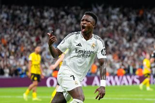 Vinicius Junior celebrates after scoring for Real Madrid against Borussia Dortmund in October 2024.